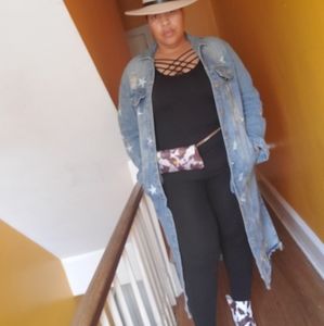 Maxi distressed embroidered denim jacket